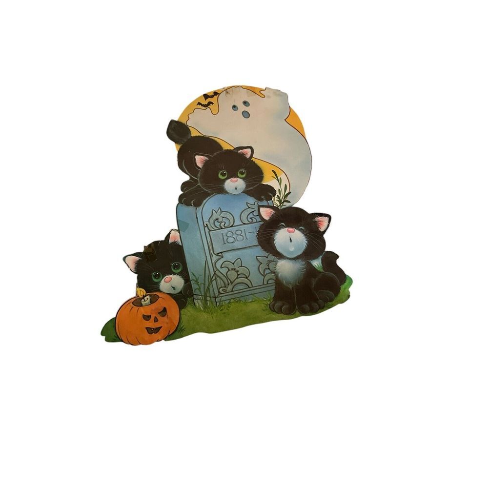 Halloween Black Cat Ghost Jack O Lantern Die-Cut Card‎ Stock Double 1970s